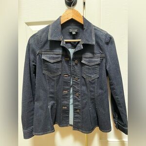 Ann Taylor Dark Indigo Pleated Denim Jacket with Contrast Stitching